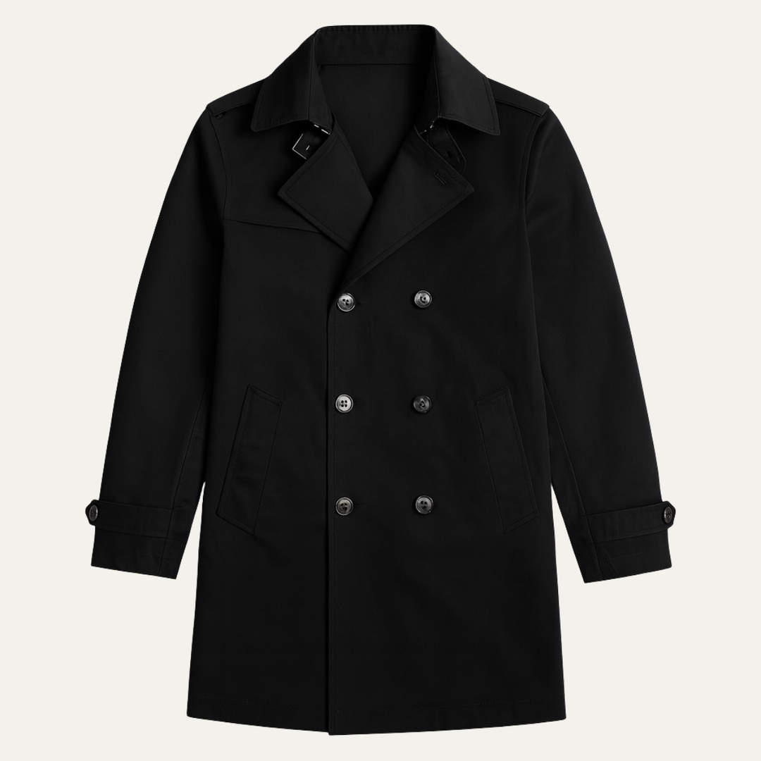 Stylish men's pea coat, double-breasted, classic winter jacket for cold weather and smart men's fashion.