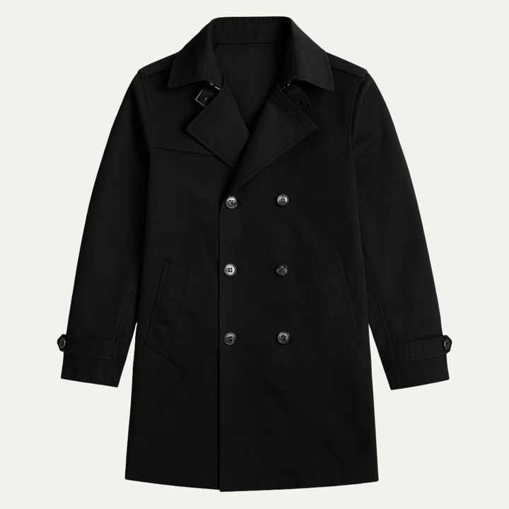 Stylish men's pea coat, double-breasted, classic winter jacket for cold weather and smart men's fashion.