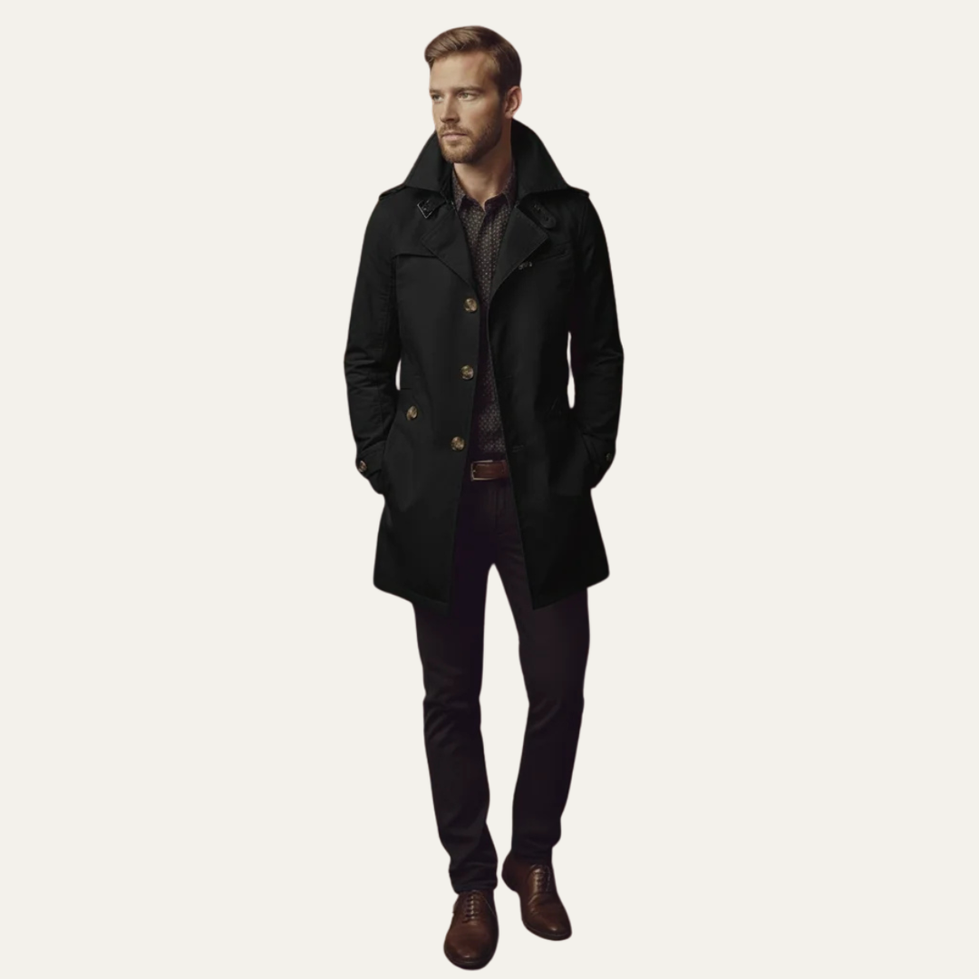 Tailored men's double-breasted pea coat, a classic fit for elegant winter outerwear & professional style.