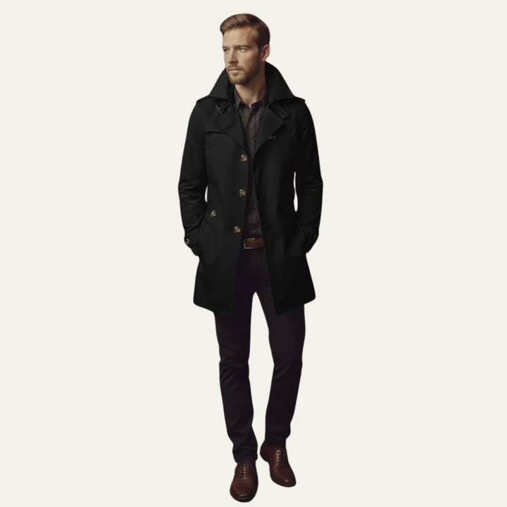 Tailored men's double-breasted pea coat, a classic fit for elegant winter outerwear & professional style.