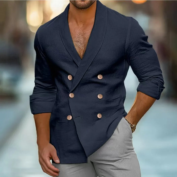 Versatile men's double-breasted tailored jacket for all seasons. Ideal for professional events & smart casual outfits.