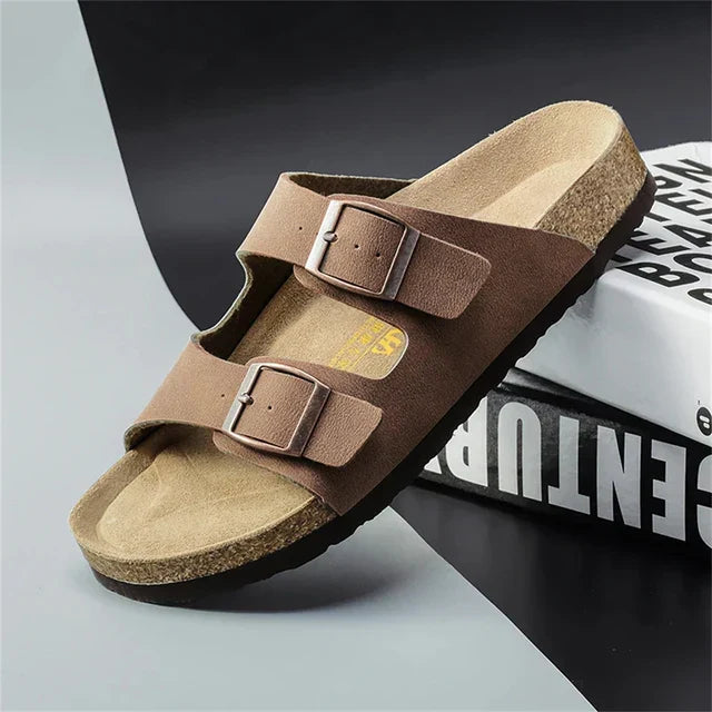 Black men's casual footwear, double buckle adjustable summer sandals, perfect for comfort & style.
