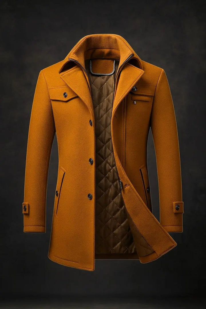Men's double-collar quilted winter overcoat, single-breasted. Warm and stylish tailored long coat for cold weather.