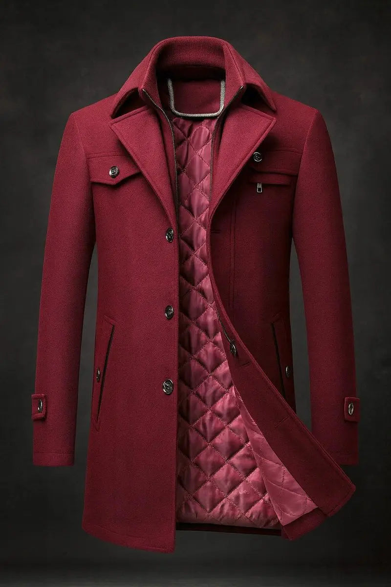 Elegant men's single-breasted quilted overcoat, featuring a distinctive double collar. Ideal winter fashion long coat.