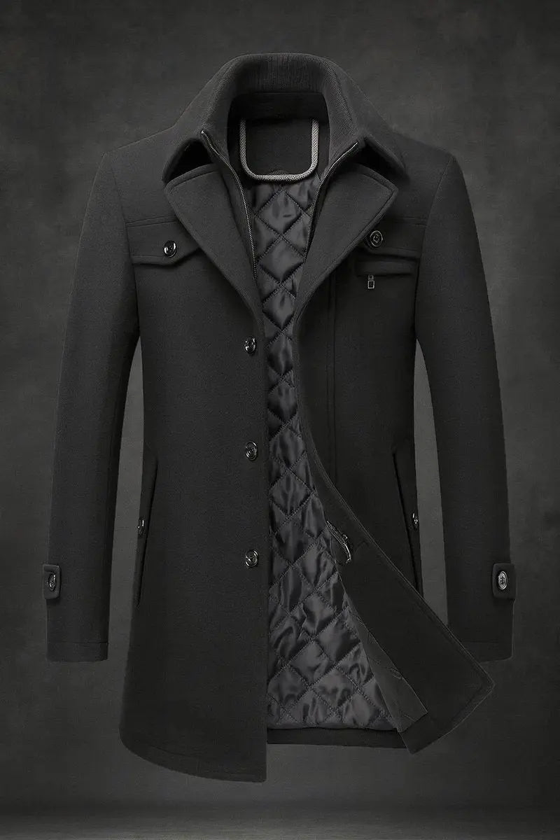 Close-up of men's double-collar quilted overcoat, showcasing single-breasted style & tailored fit for winter.