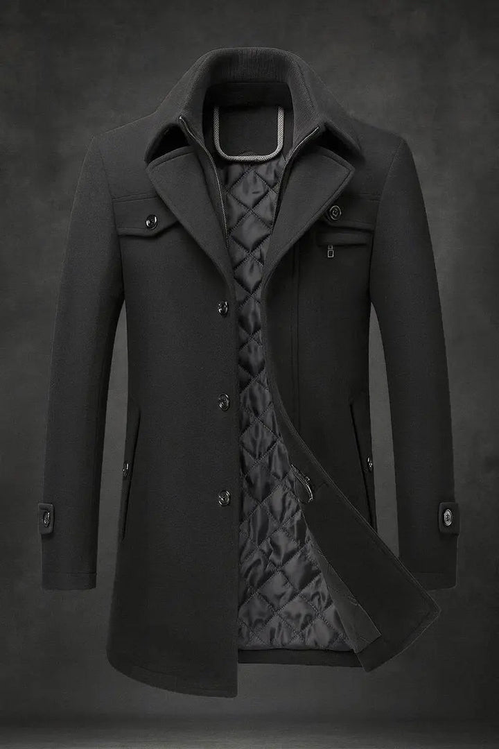 Close-up of men's double-collar quilted overcoat, showcasing single-breasted style & tailored fit for winter.