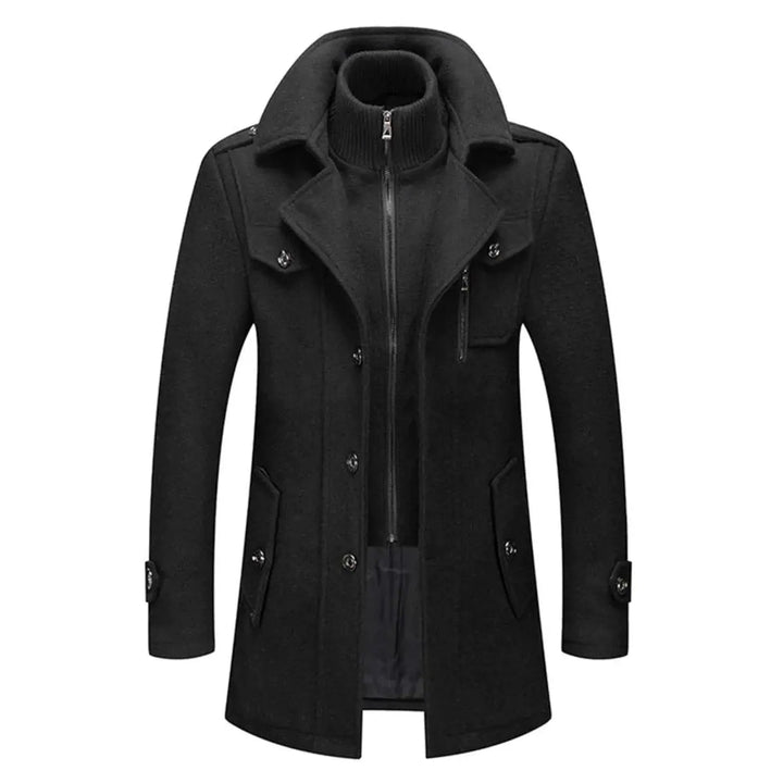 Men's double-layer winter coat with a warm knit collar, single-breasted design for cold weather fashion.