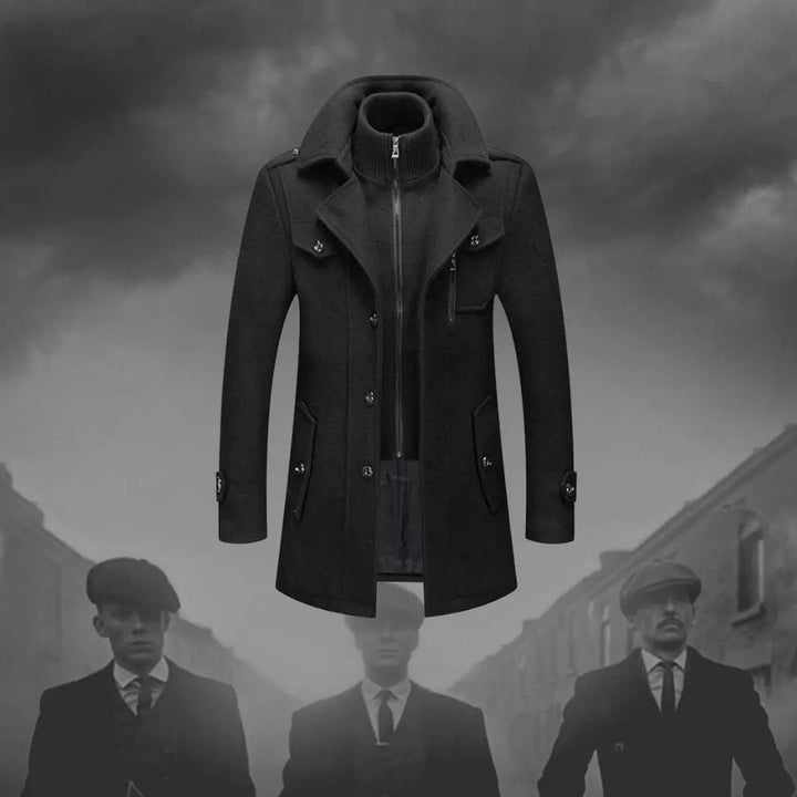 Tailored men's mid-length winter coat, double-layered for warmth & protection. Features a stylish knit collar.