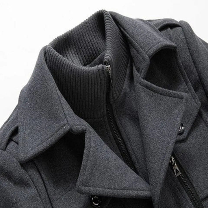 Versatile men's double-layer winter coat. Smart jacket with knit collar for ultimate warmth in cold weather.