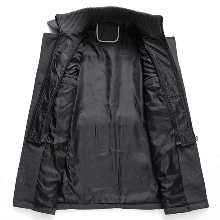 Single-breasted men's tailored winter coat. Double-layered design with a knit collar for superior warmth.