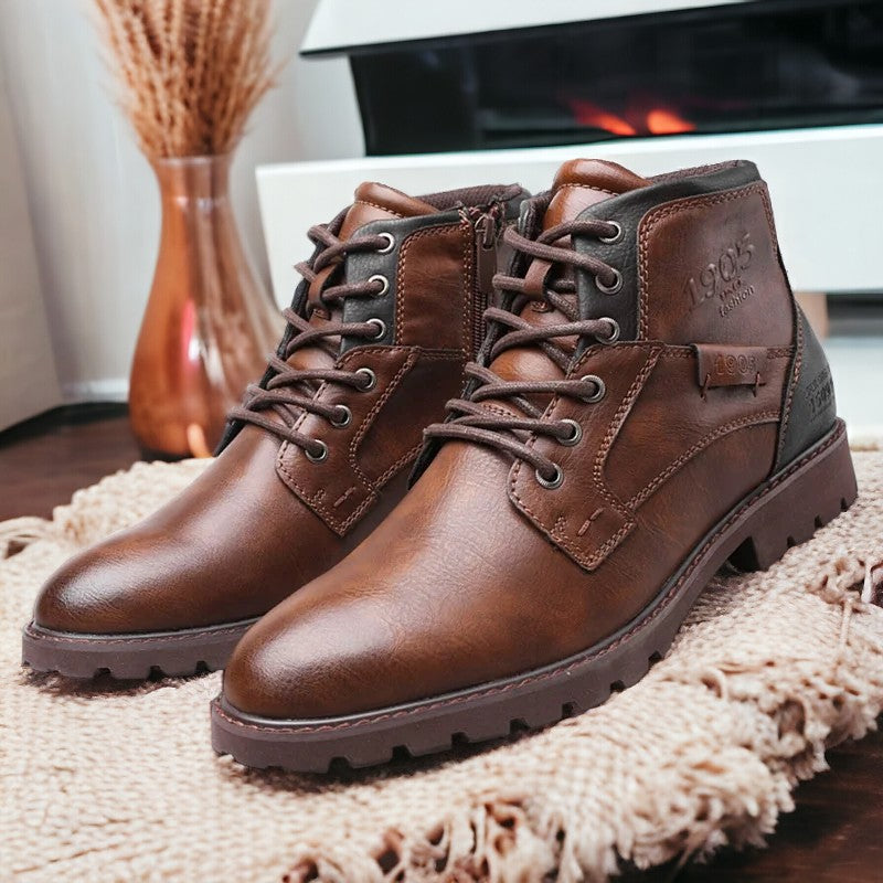 Men's durable brown leather ankle boots for work & style, featuring rugged construction & comfort.