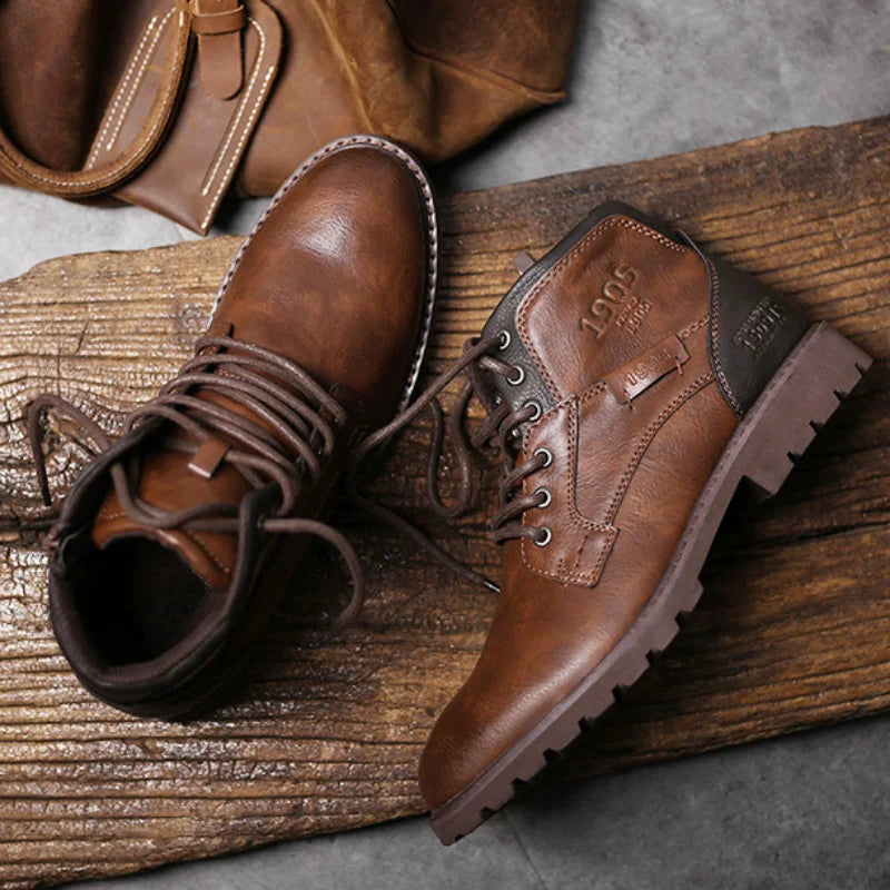 Classic men's brown lace-up ankle boots, ideal for durable workwear & versatile everyday fashion.