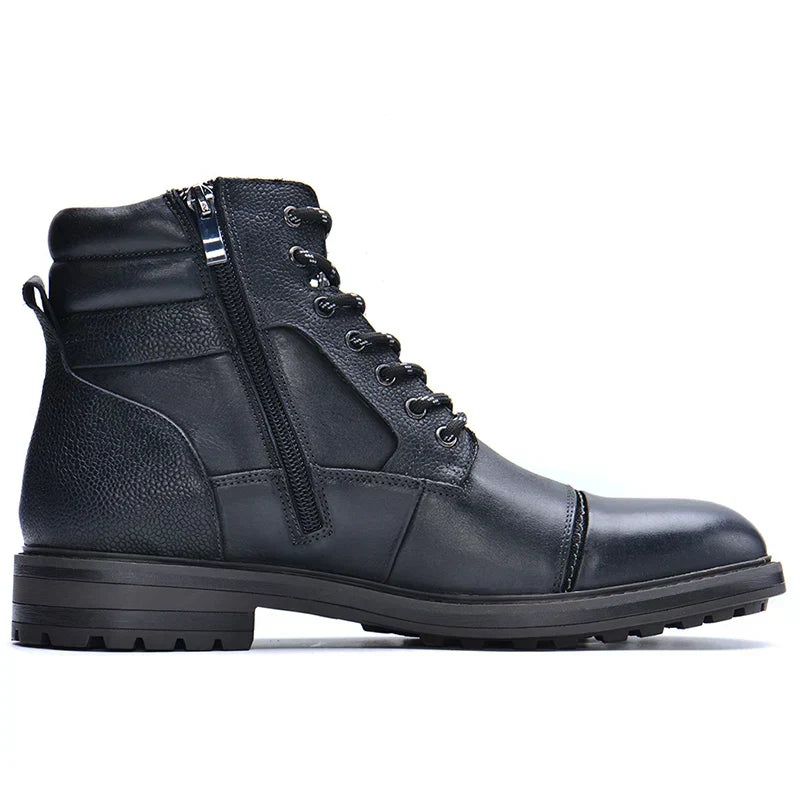 Rugged men's black side zipper boots with lace-up detail, perfect for smart casual & outdoor adventures.