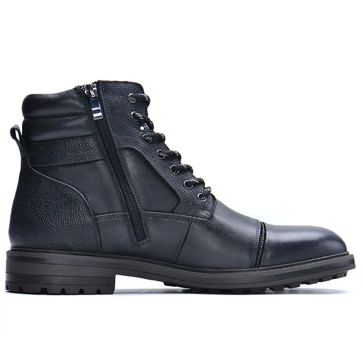 Rugged men's black side zipper boots with lace-up detail, perfect for smart casual & outdoor adventures.