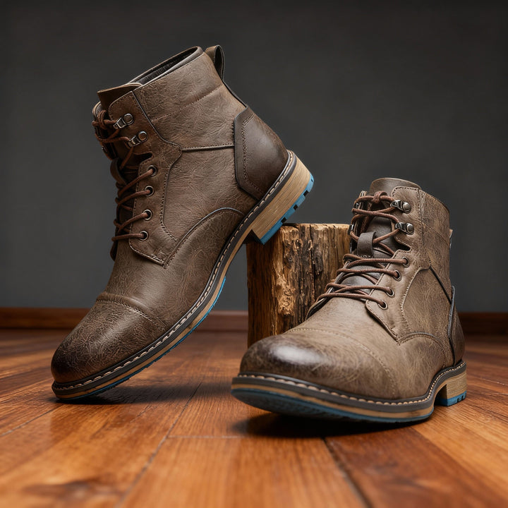 Cushioned men's brown combat boots, durable chukka style, excellent for work, outdoor and everyday wear.