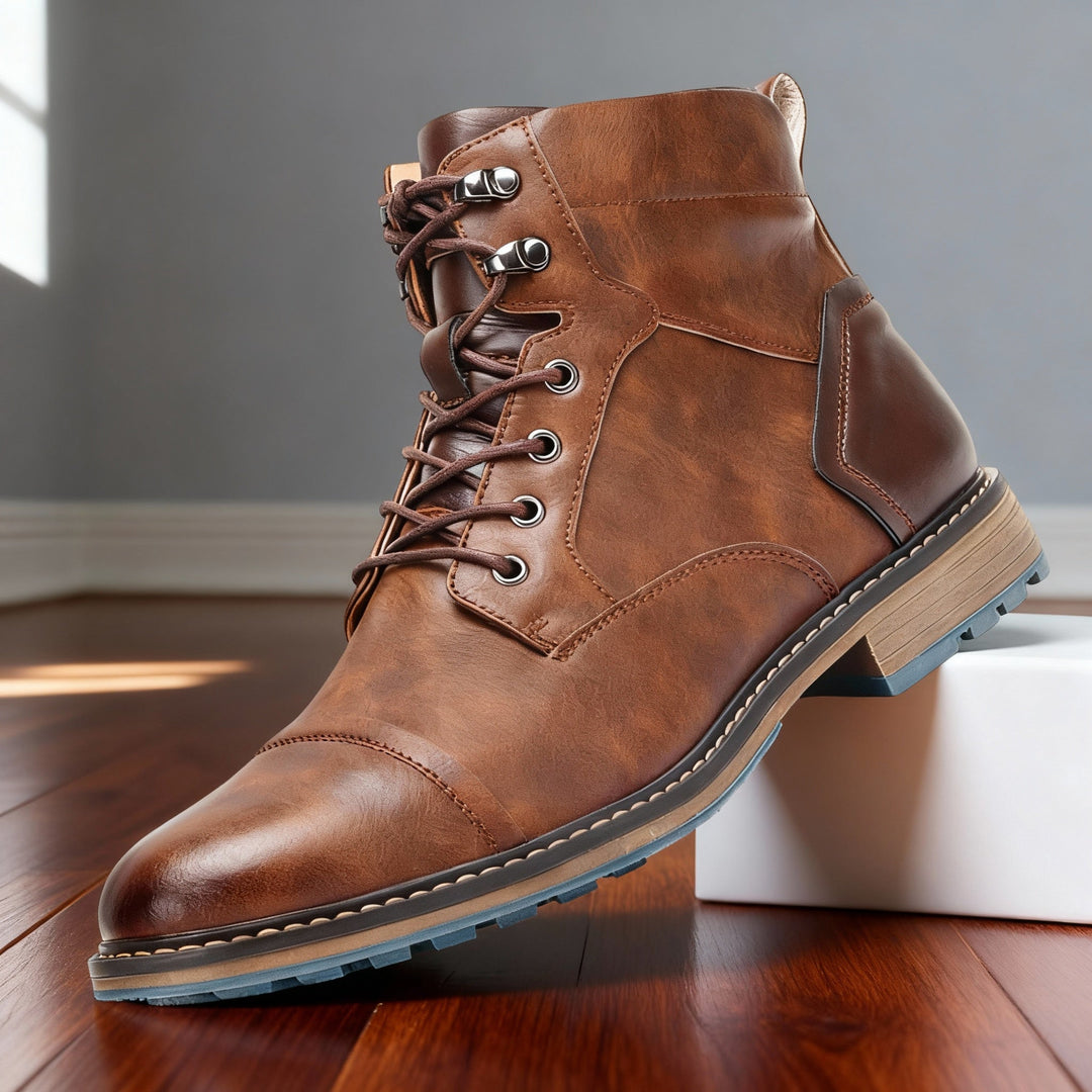 Classic men's brown combat boots, chukka style, perfect for everyday wear and rugged durability.