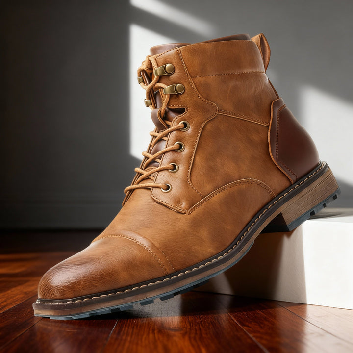 Stylish men's taupe combat boots, cushioned for comfort, great for outdoor adventures and work.