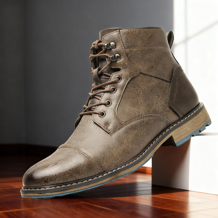 Men's saddle brown combat boots, durable and cushioned, suitable for work or casual outdoor use.
