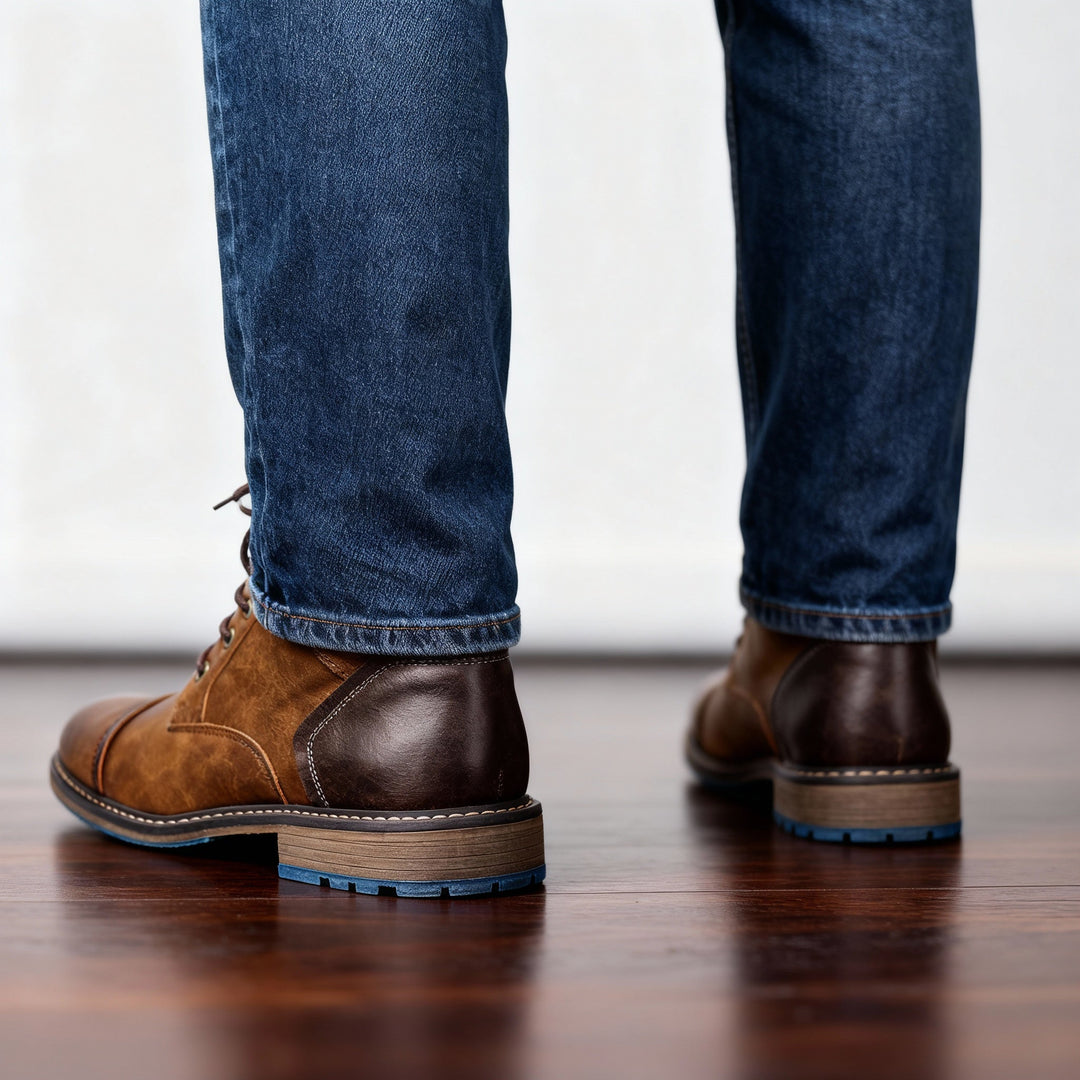 Chestnut brown men's combat boots, rugged outdoor work boots with superior cushioned comfort.
