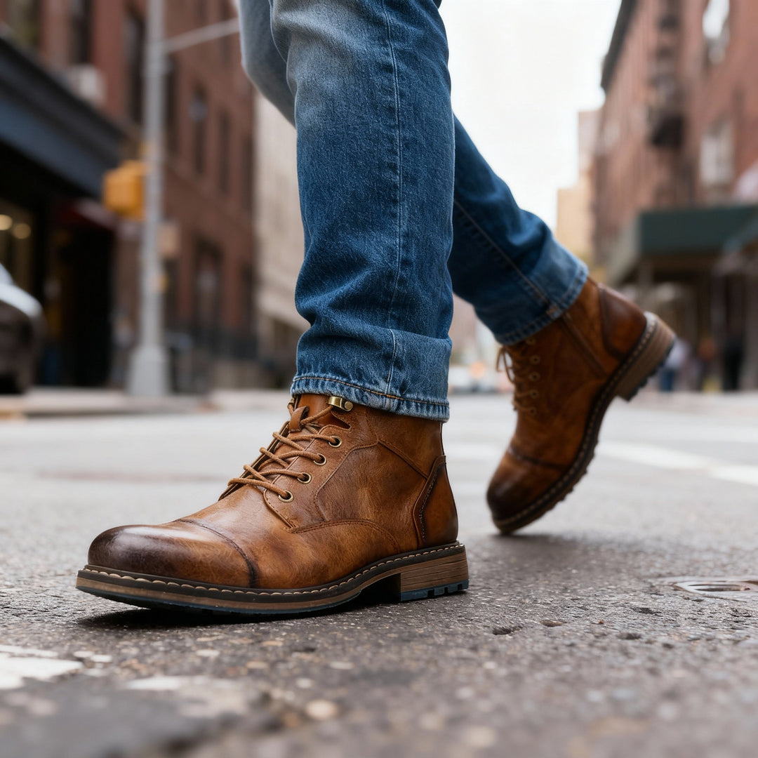 Oak tan men's combat boots, durable chukka style for everyday wear, cushioned for comfort.