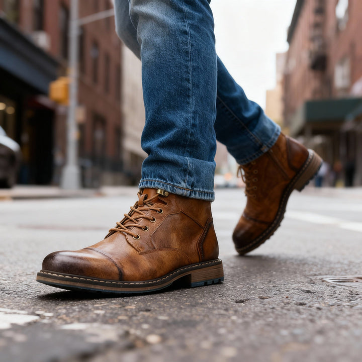 Oak tan men's combat boots, durable chukka style for everyday wear, cushioned for comfort.