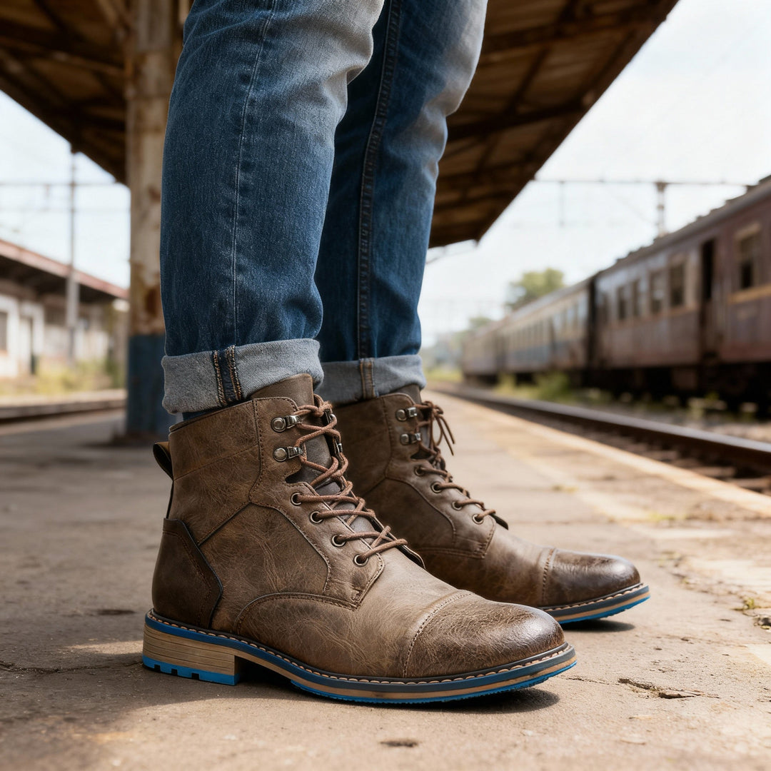 Versatile men's combat boots, durable for work, comfortable for everyday wear, available in brown and taupe.