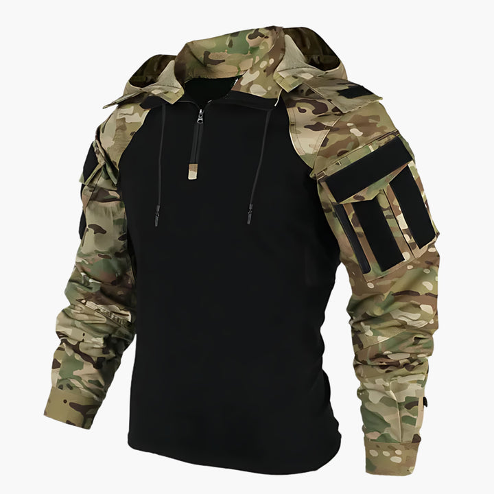 Rugged men's hooded tactical winter jacket, perfect for outdoor activities, layering, and cold weather protection.