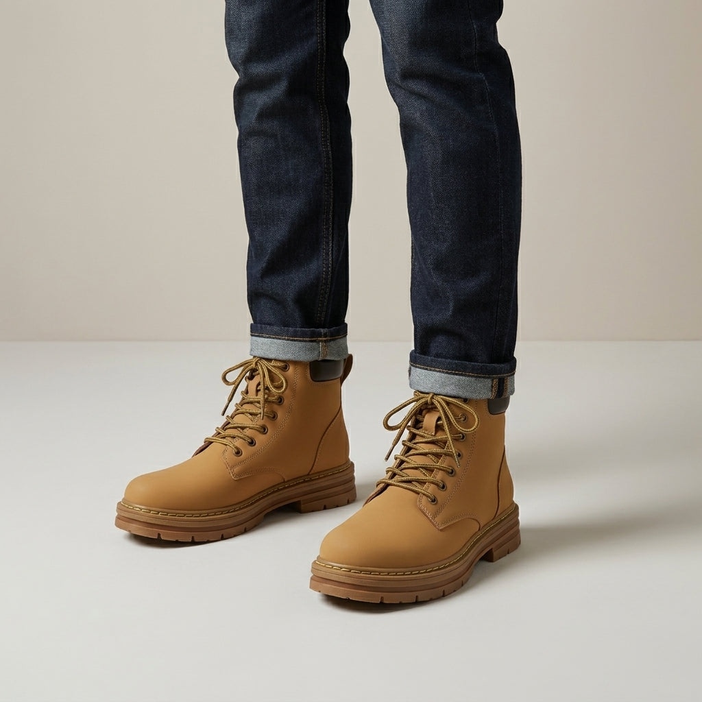 Comfortable men's everyday boots, lace-up style, ideal for rugged outdoor activities & casual fashion.
