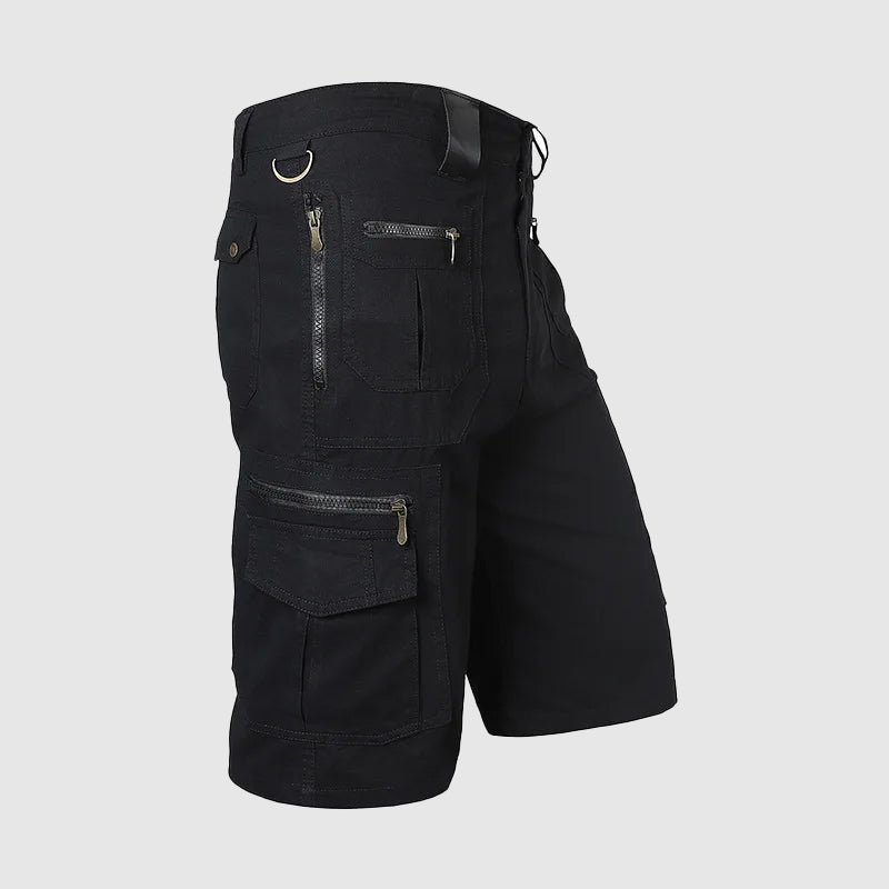 Rugged men's multi-pocket cargo shorts; durable utility activewear for outdoor adventures and summer leisure.