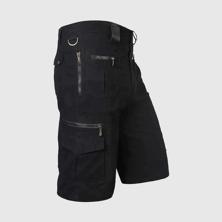 Rugged men's multi-pocket cargo shorts; durable utility activewear for outdoor adventures and summer leisure.