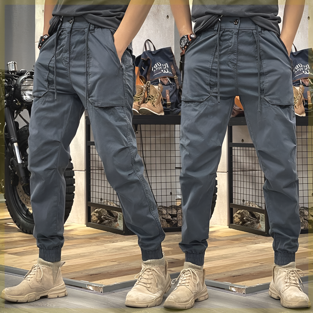 Men's durable stretch cargo pants in olive green for outdoor utility & everyday comfort.