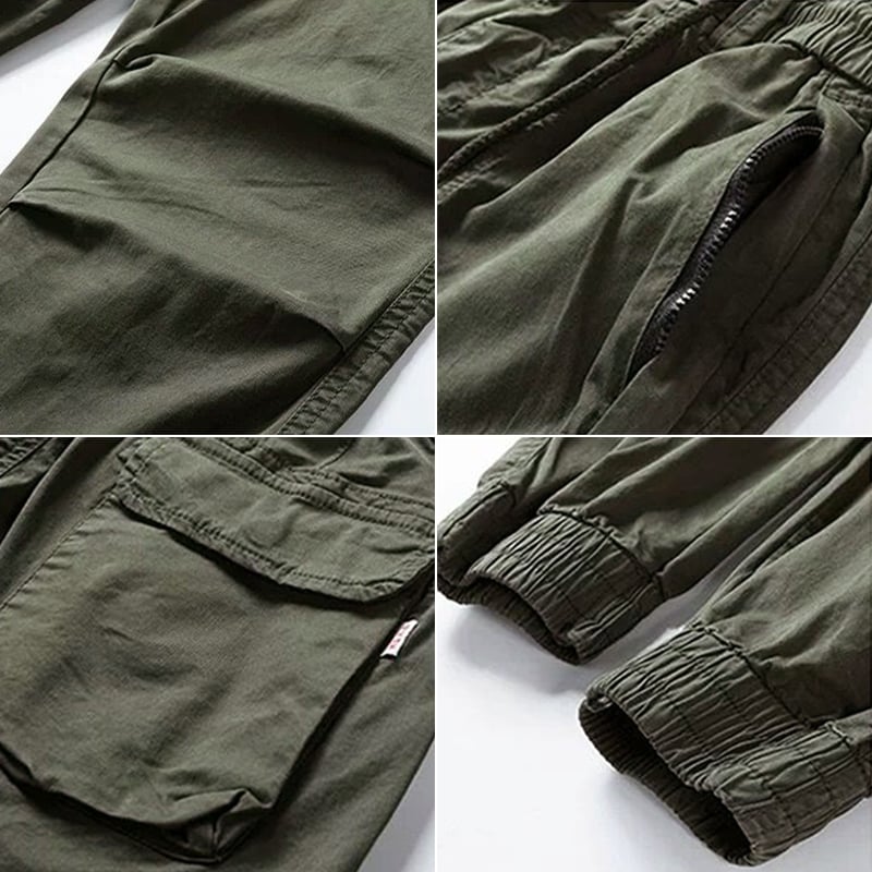 Rugged men's stretch cargo pants in dark khaki, offering comfort and utility for outdoor activities and casual style.