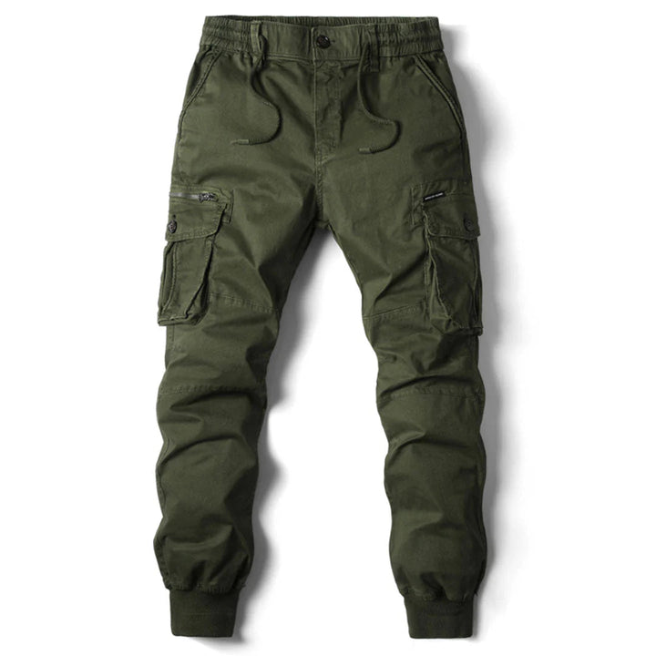 Close-up of rugged fabric and reinforced knees on men's tactical cargo pants. Durable bottoms for tough use.