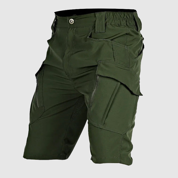 Outdoor men's utility shorts, durable multi-pocket design in green. Perfect for active lifestyles & travel.