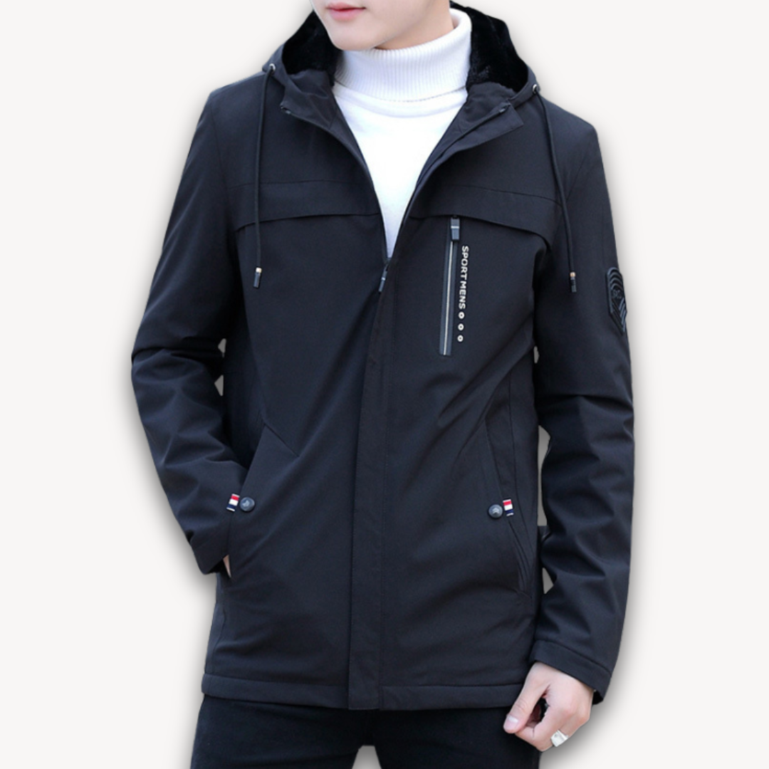 Men's durable waterproof hooded jacket for all-weather protection & outdoor activities.