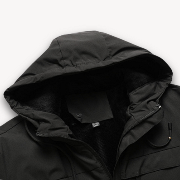 Men's stylish all-weather rain jacket with hood, offering reliable waterproof protection & comfort.