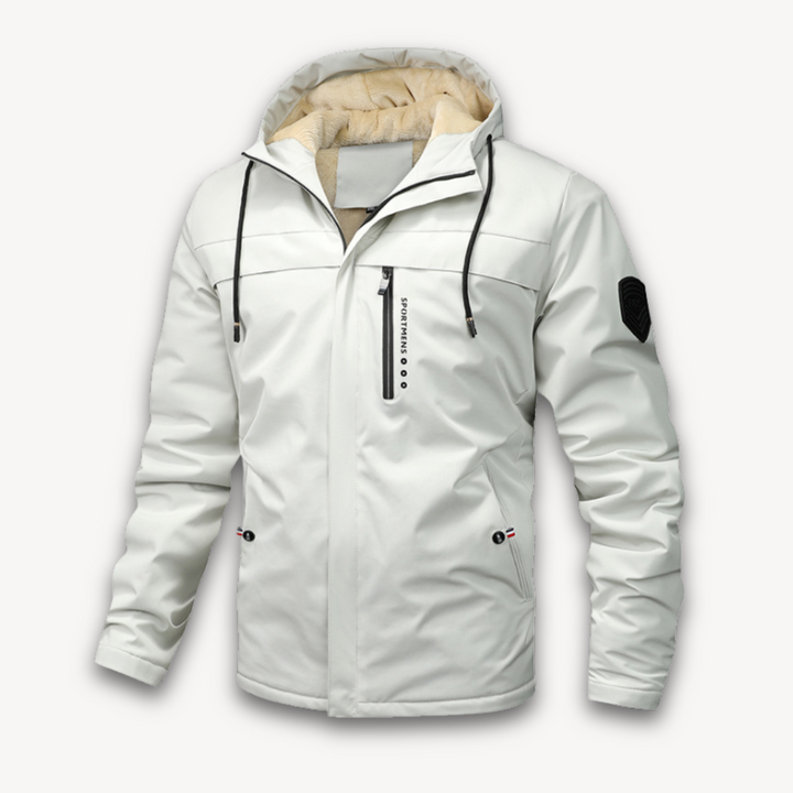 High-performance men's hooded outerwear, providing durable & waterproof protection from elements.