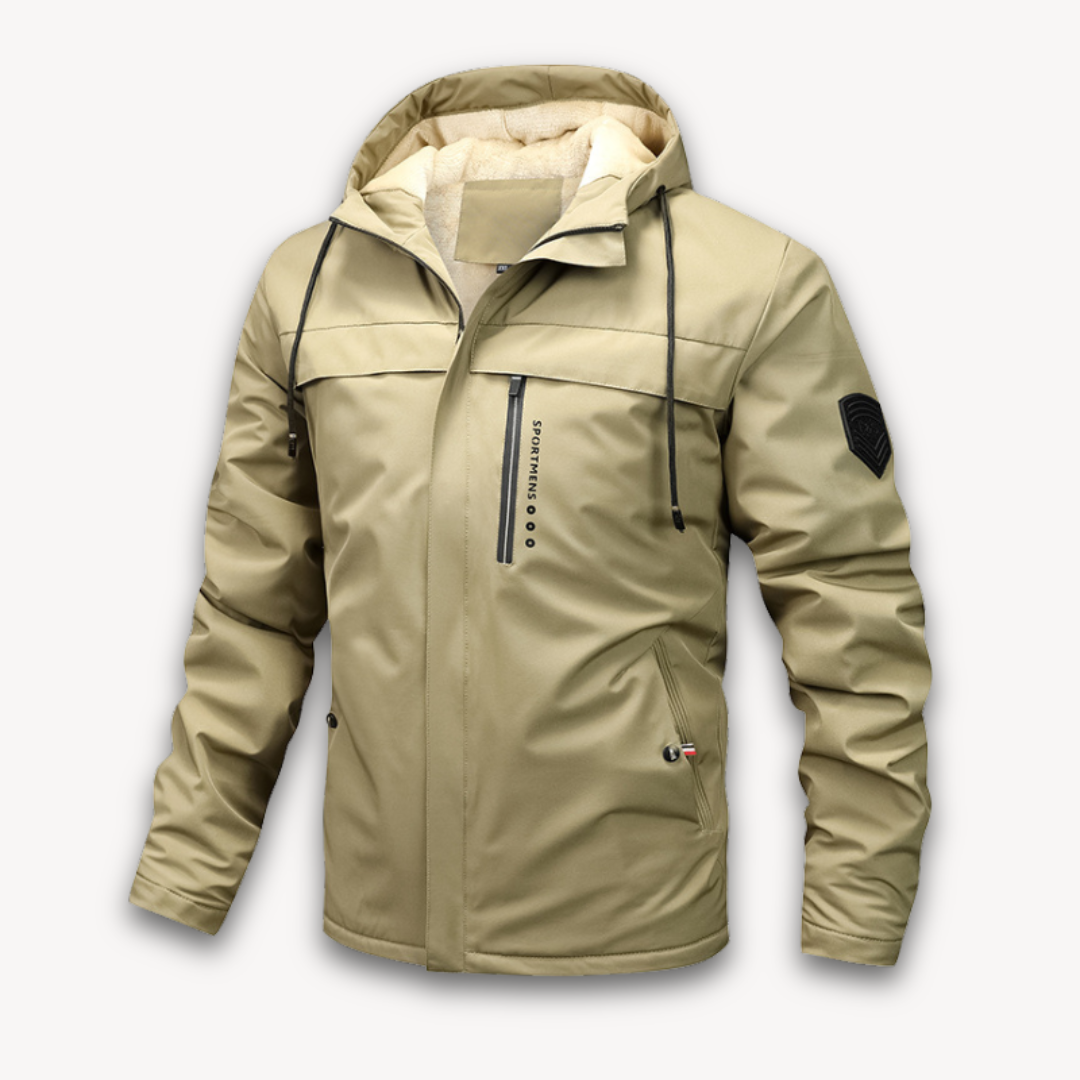 All-weather men's waterproof activewear jacket with hood, designed for comfort & durability.