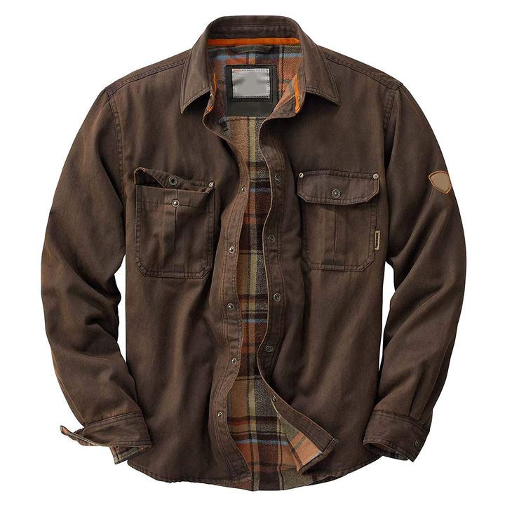 Army green waxed trucker jacket for men. Durable, water-resistant outerwear, perfect for classic all-season style.