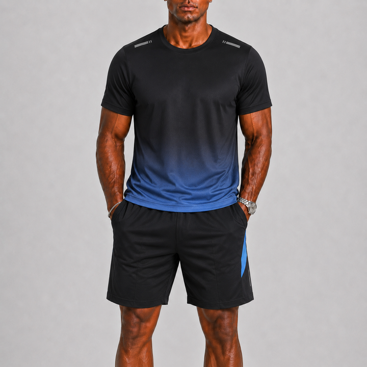 Comfortable men's athletic t-shirt & shorts set, perfect for workouts, running, and summer activewear.