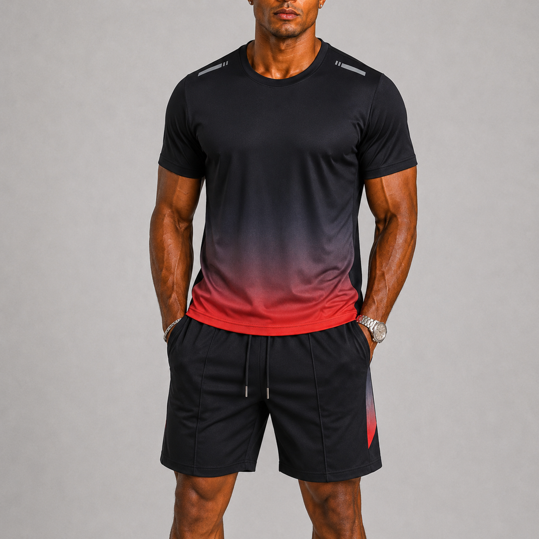 Men's sporty set with lightweight t-shirt and drawstring shorts, ideal for fitness, running, and active days.