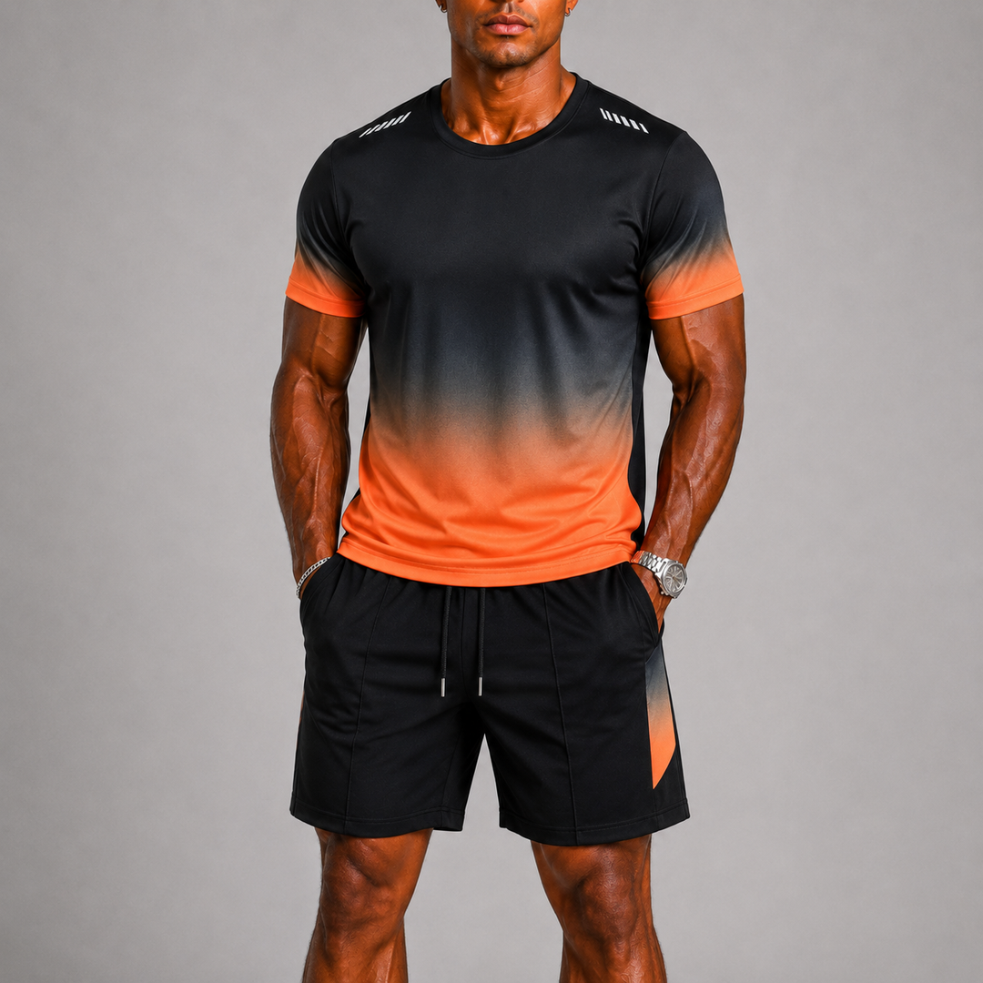 Men's workout gear set: comfortable t-shirt and shorts, great for fitness, running, and active summer days.