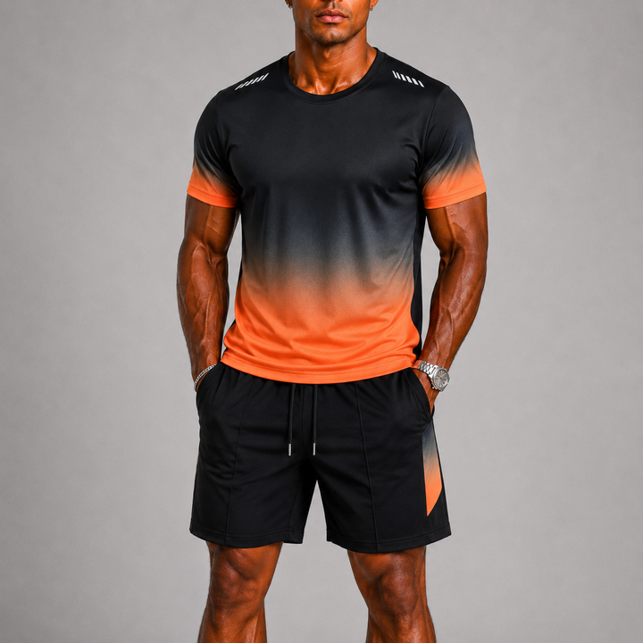 Men's workout gear set: comfortable t-shirt and shorts, great for fitness, running, and active summer days.