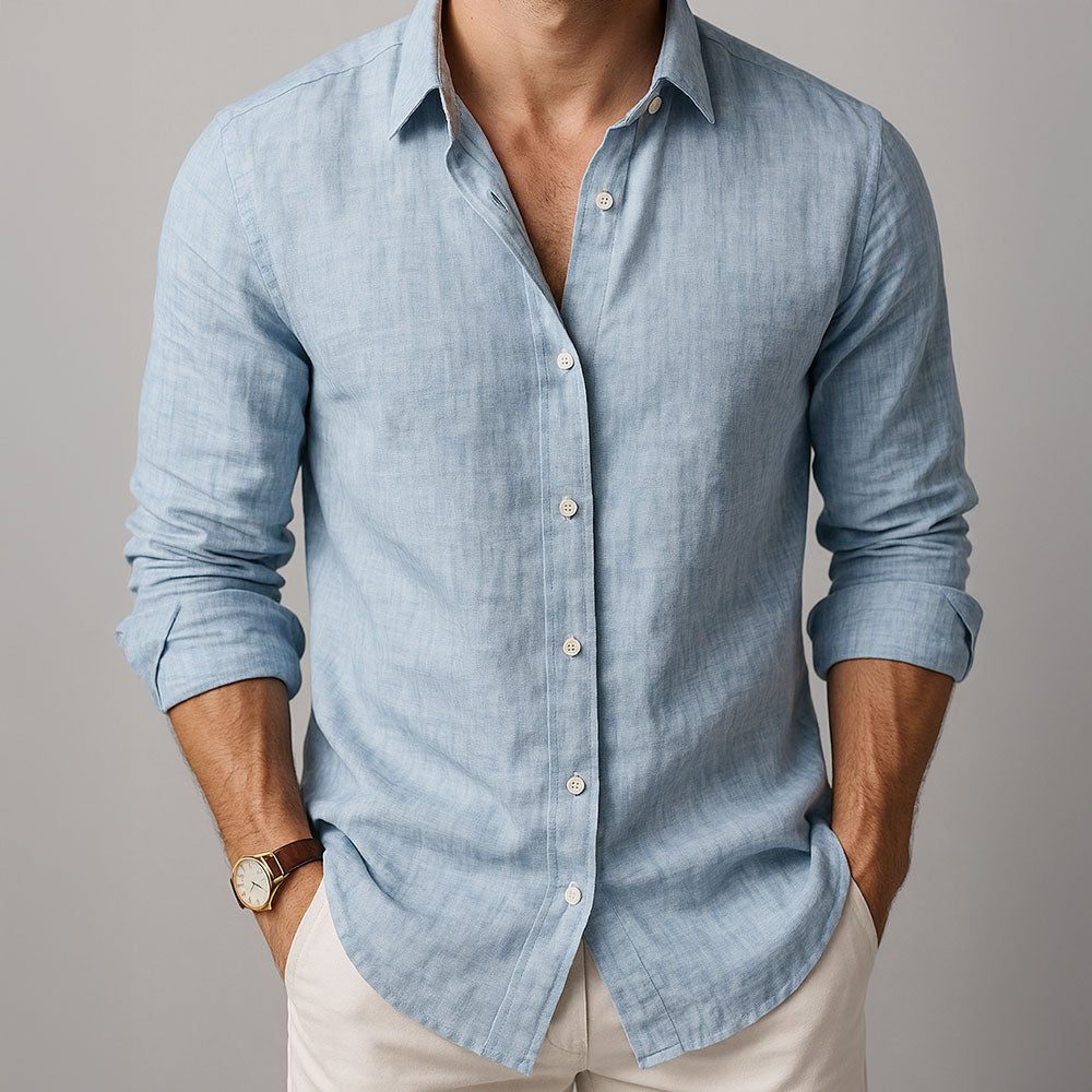 Men's effortless summer button-down shirt, long sleeve, casual & relaxed for warm weather comfort.