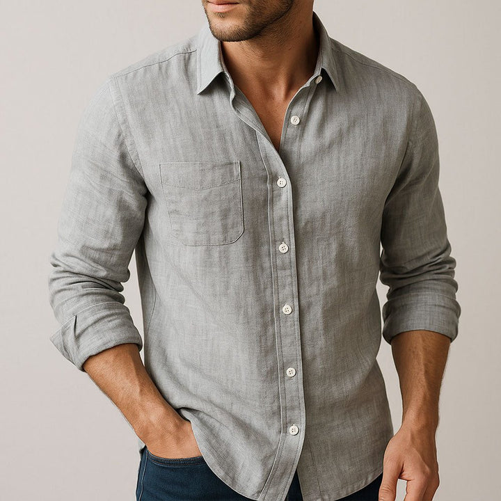 Versatile men's summer long sleeve button-down shirt, perfect for casual, relaxed warm weather style.