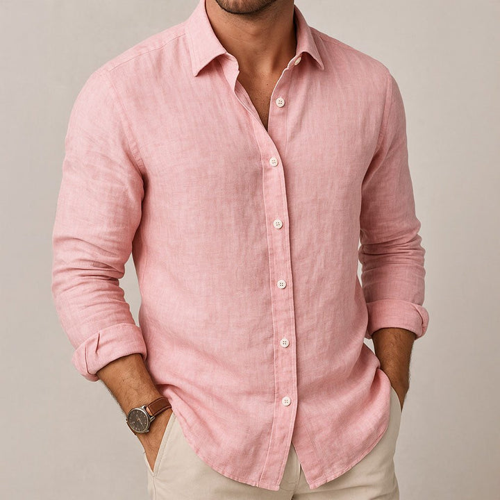 Comfortable men's long sleeve button-down shirt, effortless summer style, relaxed fit for warm weather.