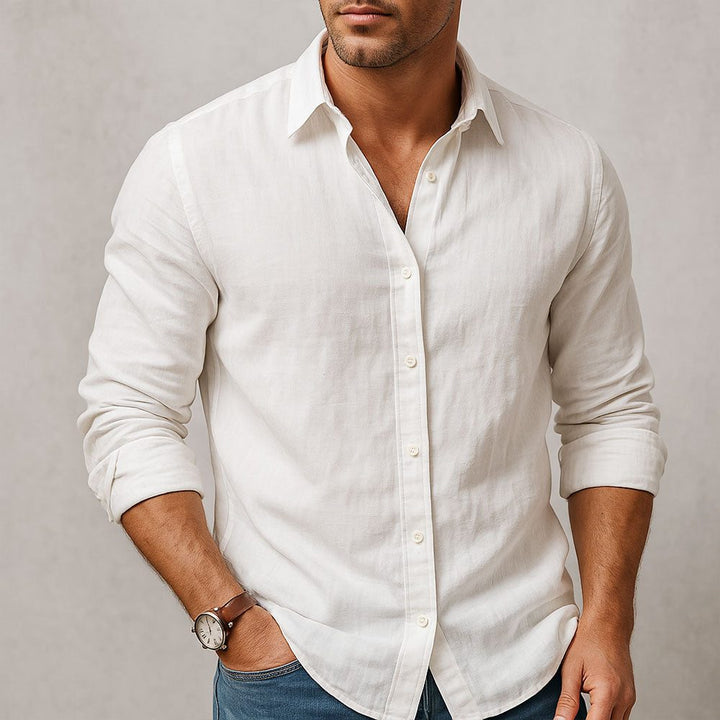 Casual men's button-down shirt, long sleeve, ideal for relaxed summer days & warm weather comfort.