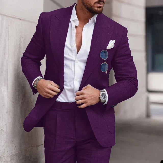 Spring/summer men's wedding suit, 2-piece formal attire with a tailored, elegant fit.