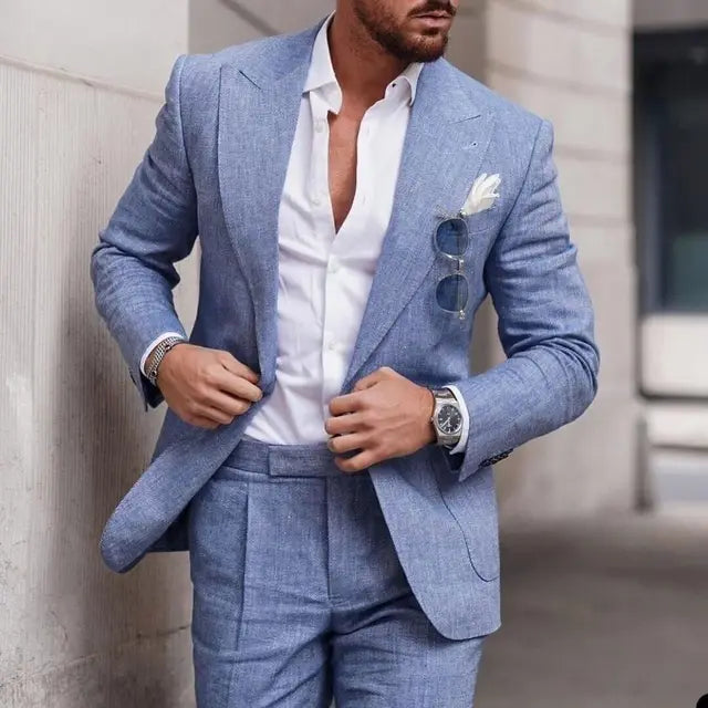 Modern men's formal suit with a tailored fit, perfect for elegant wedding celebrations.