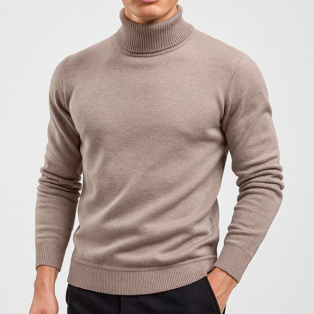 Men's elegant black turtleneck sweater, soft knit, long sleeve, perfect for versatile autumn & winter fashion.